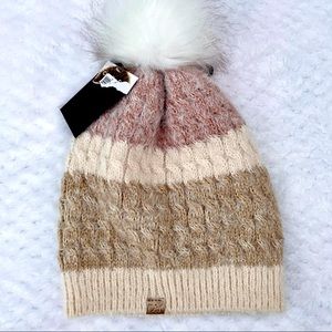 David & Young Cream Beanie with Faux Fur Pom